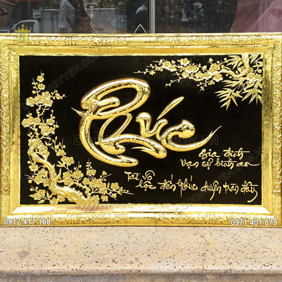 Tranh chữ Ph&uacute;c khung đồng khổ ngang mạ v&agrave;ng 24K